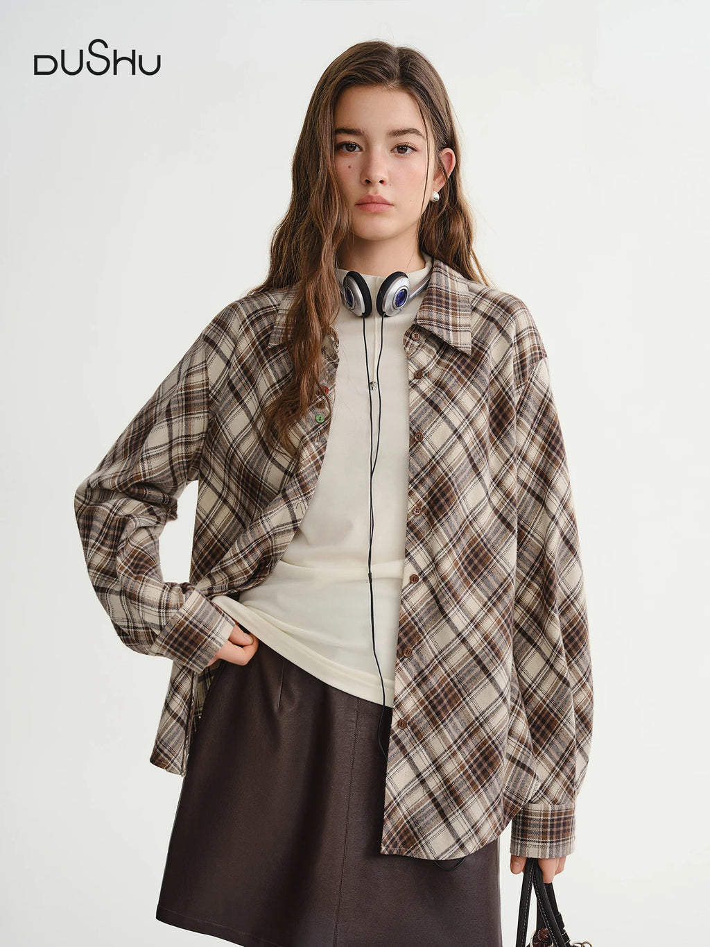 DUSHU Plus Size Women's Bias Cut Plaid Shirt 2025 New Arrival Bohemian Style Long Sleeve Blouse with Relaxed Fit Casual Tops
