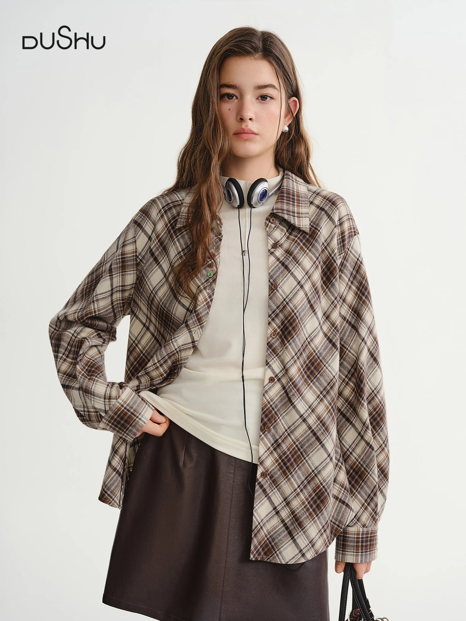 DUSHU Plus Size Women's Bias Cut Plaid Shirt 2025 New Arrival Bohemian Style Long Sleeve Blouse with Relaxed Fit Casual Tops