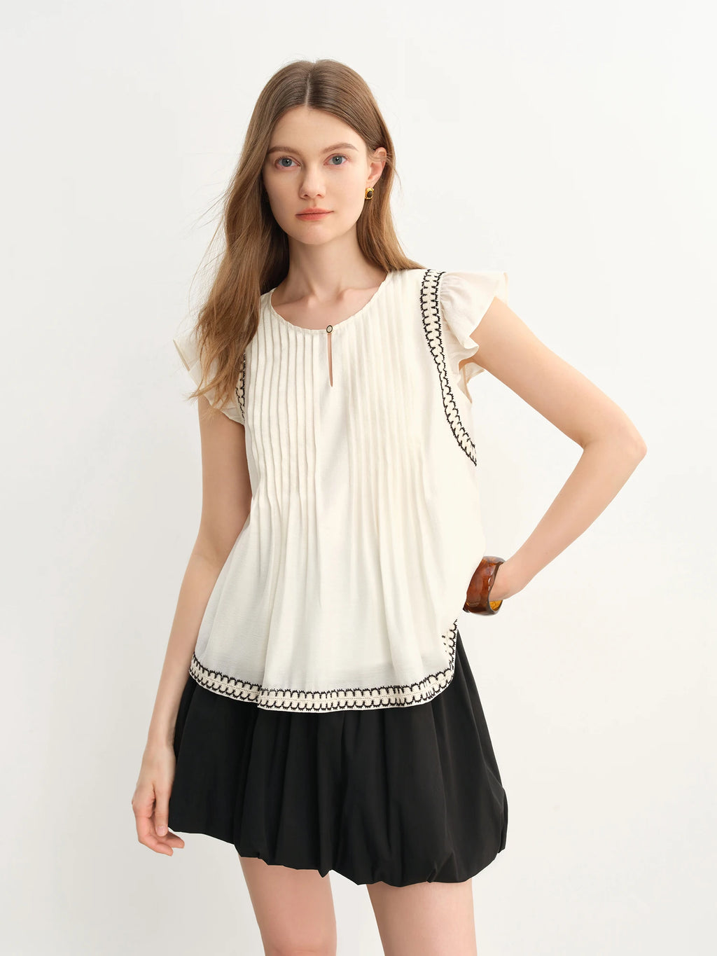 DUSHU Women's Small Flying Sleeve Round Neck Sweet Tops Women 2025 Summer New Versatile Short-sleeved Acetate Shirt 25DS82698