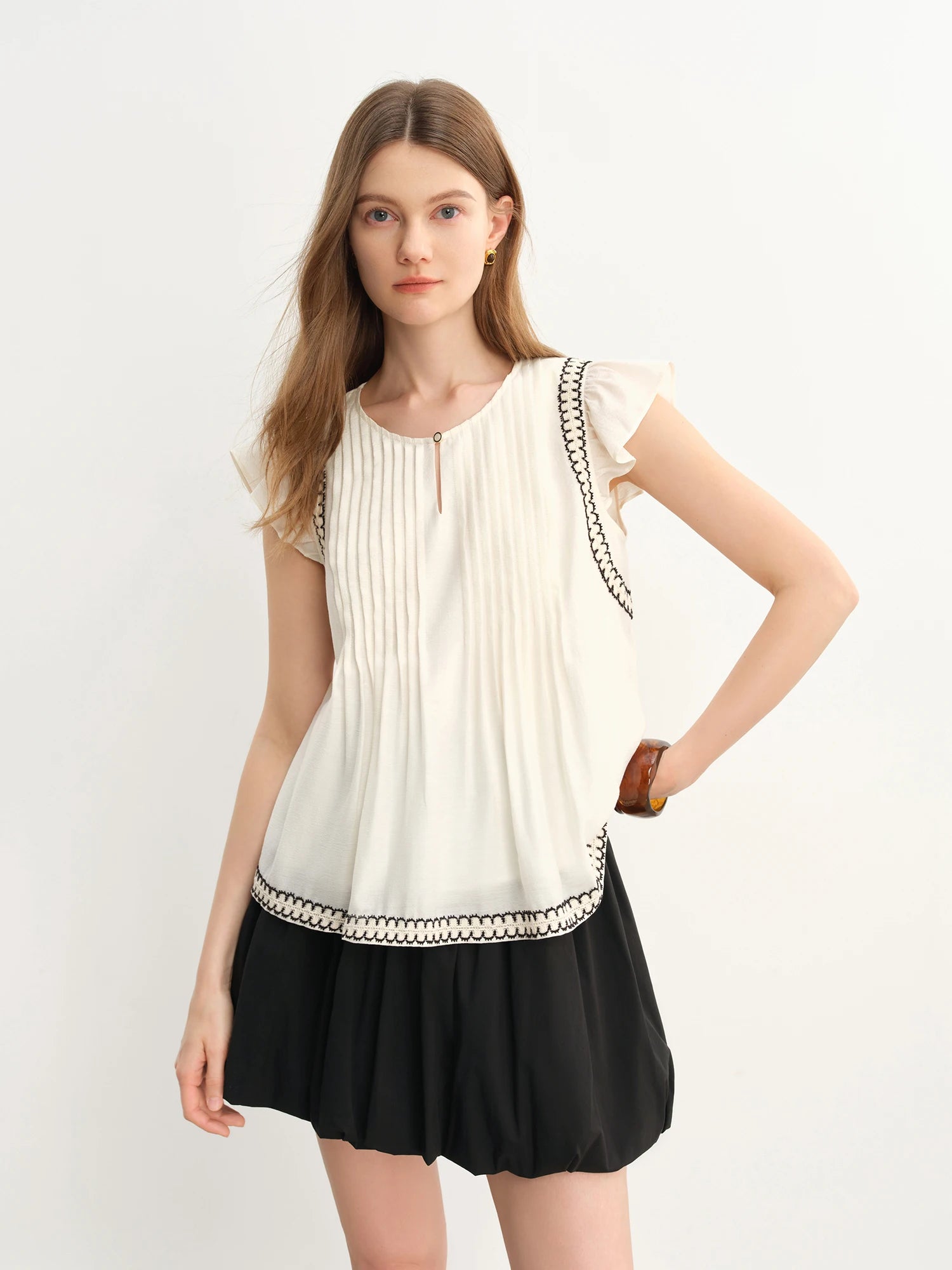 DUSHU Women's Small Flying Sleeve Round Neck Sweet Tops Women 2025 Summer New Versatile Short-sleeved Acetate Shirt 25DS82698