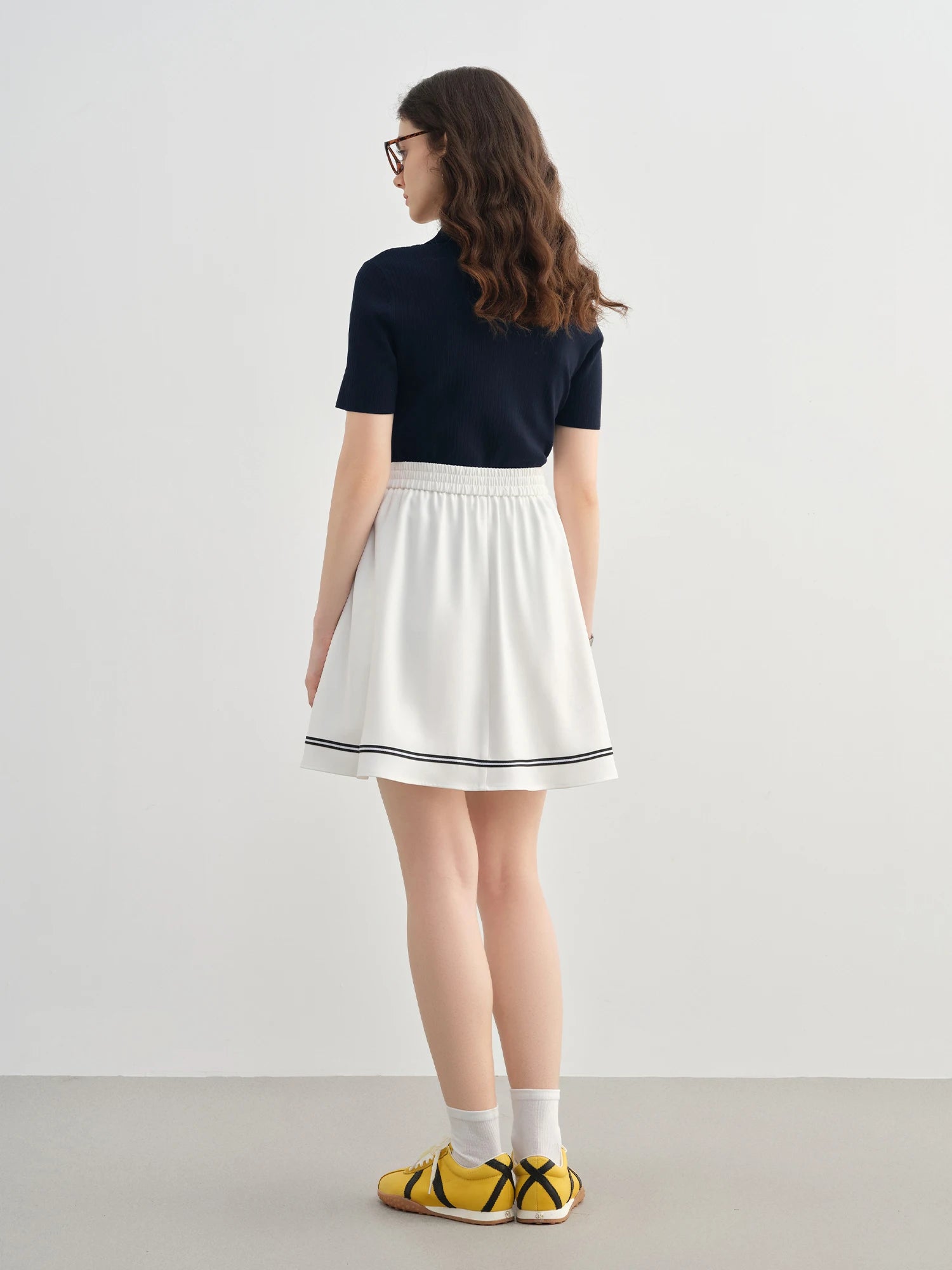 DUSHU Plus-Size Women's Preppy High-Waisted Contrast Fabric Skirt - Slimming 2025 Summer New Design White Skirts 25DS82441