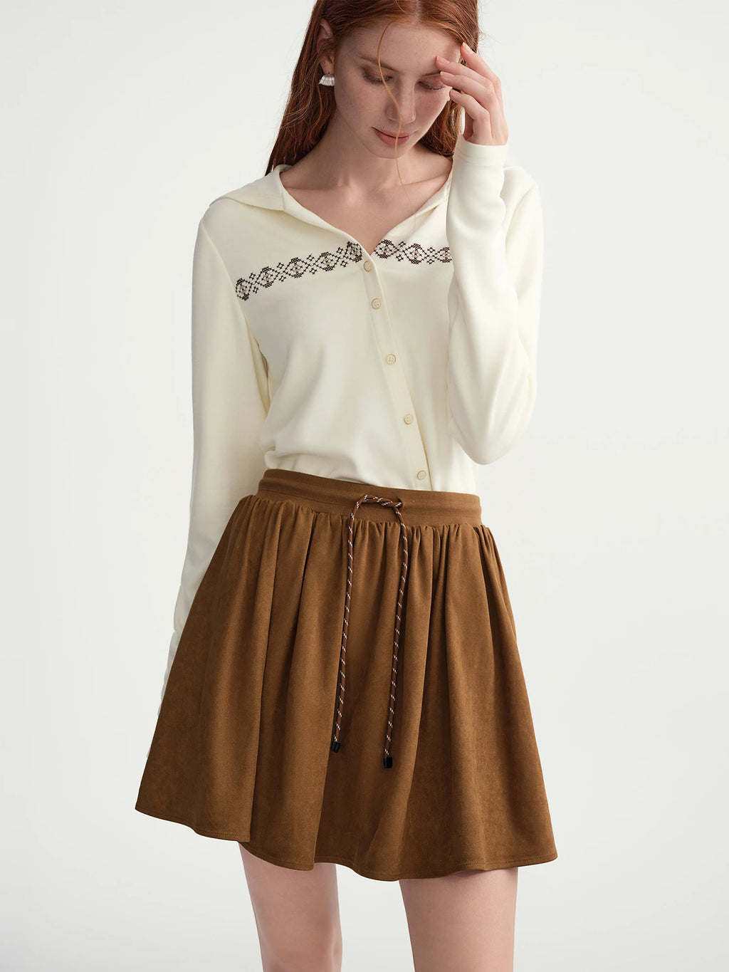 DUSHU Plus-Size Women's Soft Warm Touch Slanted Collar Embroidered Top with Attached Hood Winter 2025 New Arrival Long Sleeve