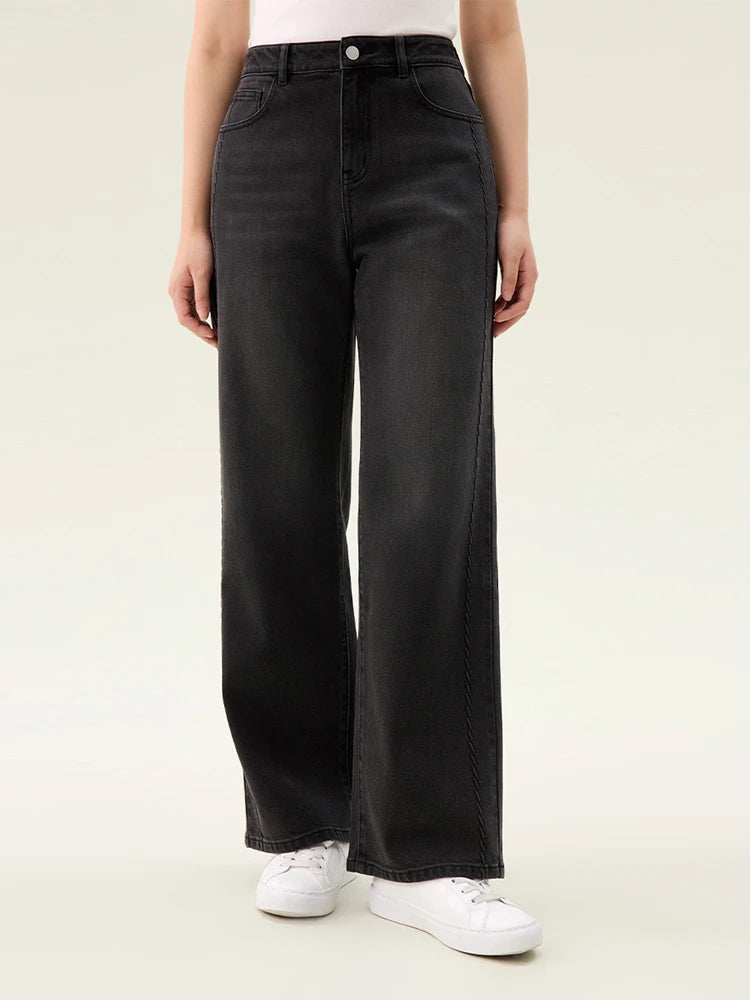 DUSHU【2 version】Women Cotton Elastic Jeans 2025 Spring Black Commuter All-Match High Waist Blue Jean 25DS81165+25DS81129