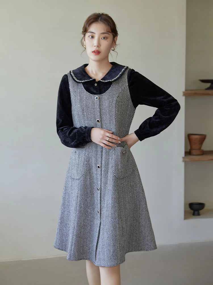 DUSHU Women's Retro Plaid U-neck Vest Skirt Pocket Design Button Placket Design Long Woolen A-line Dress Women Winter Dresses