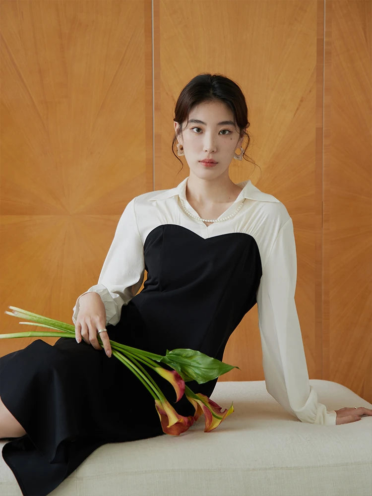 DUSHU Large Size Tulip Skirt Double Version Dress for Women Black and White Splicing Slim Spring New Style Commuter Dress Female