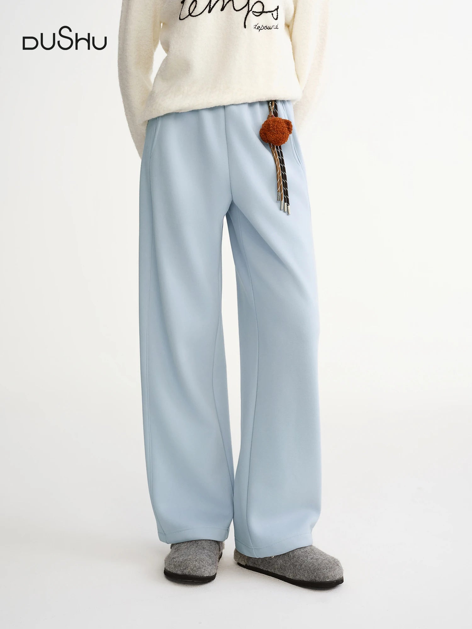 DUSHU Plus-Size Women Fashion Sweet Heart Stylish Fleece-Lined Elastic Waist Straight Leg Athletic Pants 2025 Winter New Arrival