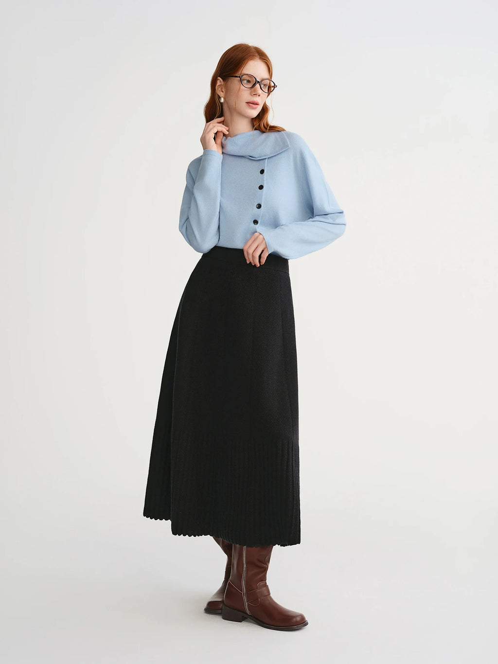 DUSHU Plus Size Women's Organ Skirt: Elegant Black High-Waisted Pleated A-Line Umbrella Skirt for Winter 2025 New Arrival Skirts