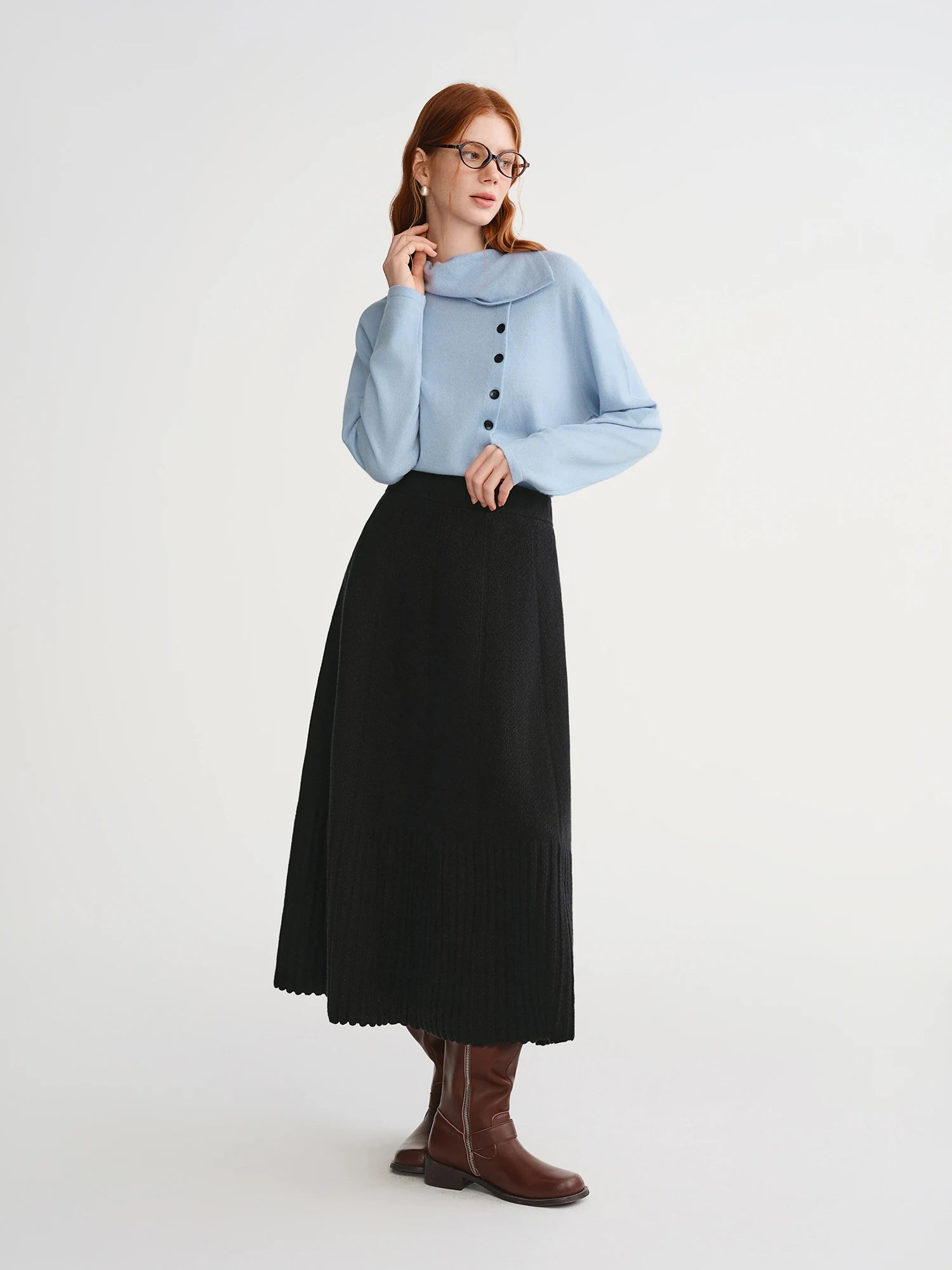 DUSHU Plus Size Women's Organ Skirt: Elegant Black High-Waisted Pleated A-Line Umbrella Skirt for Winter 2025 New Arrival Skirts