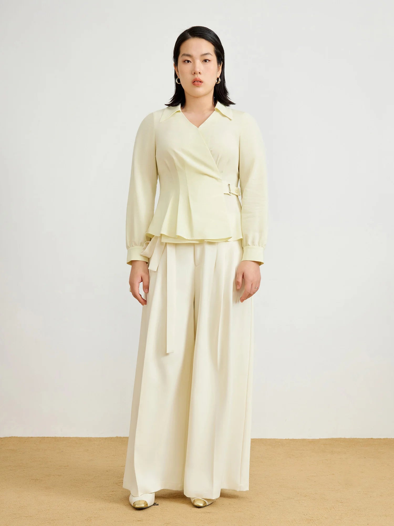 DUSHU Women Beige Blouse Tops Waist Tie Design Chiffon Long Sleeved Shirt 2025 Summer New Office Lady Shirts Top 25DS81174