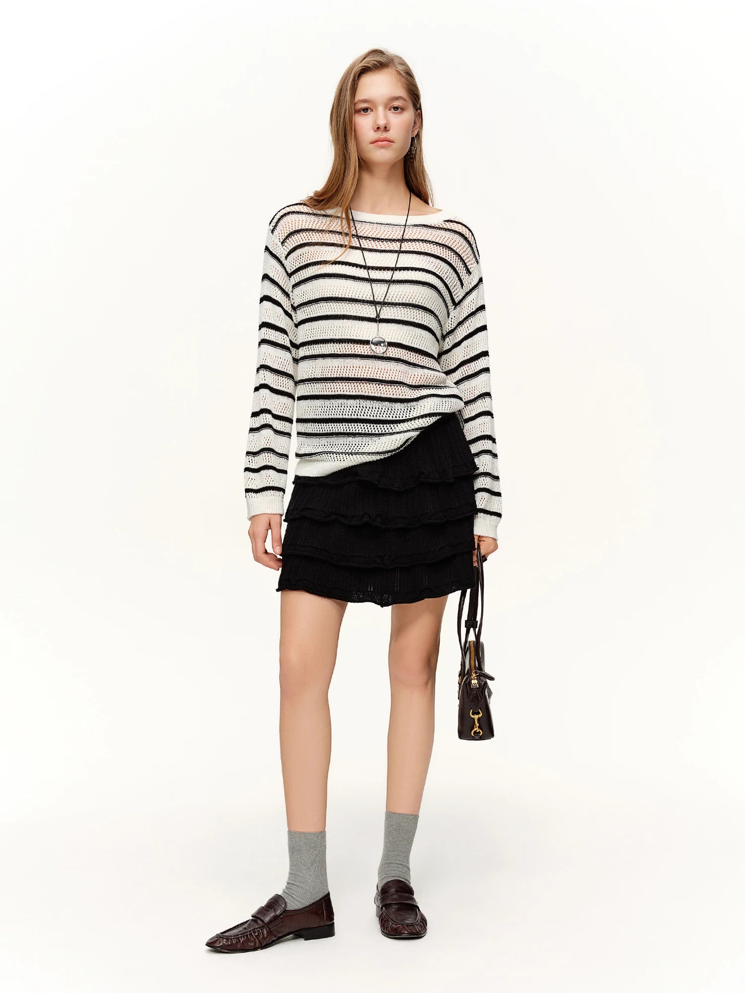 DUSHU Ruffled Knitted Skirt Spring Black Elastic Waist Cake Mini Skirt Ruched Ruffles Sweet Straight Leisure Korean Style