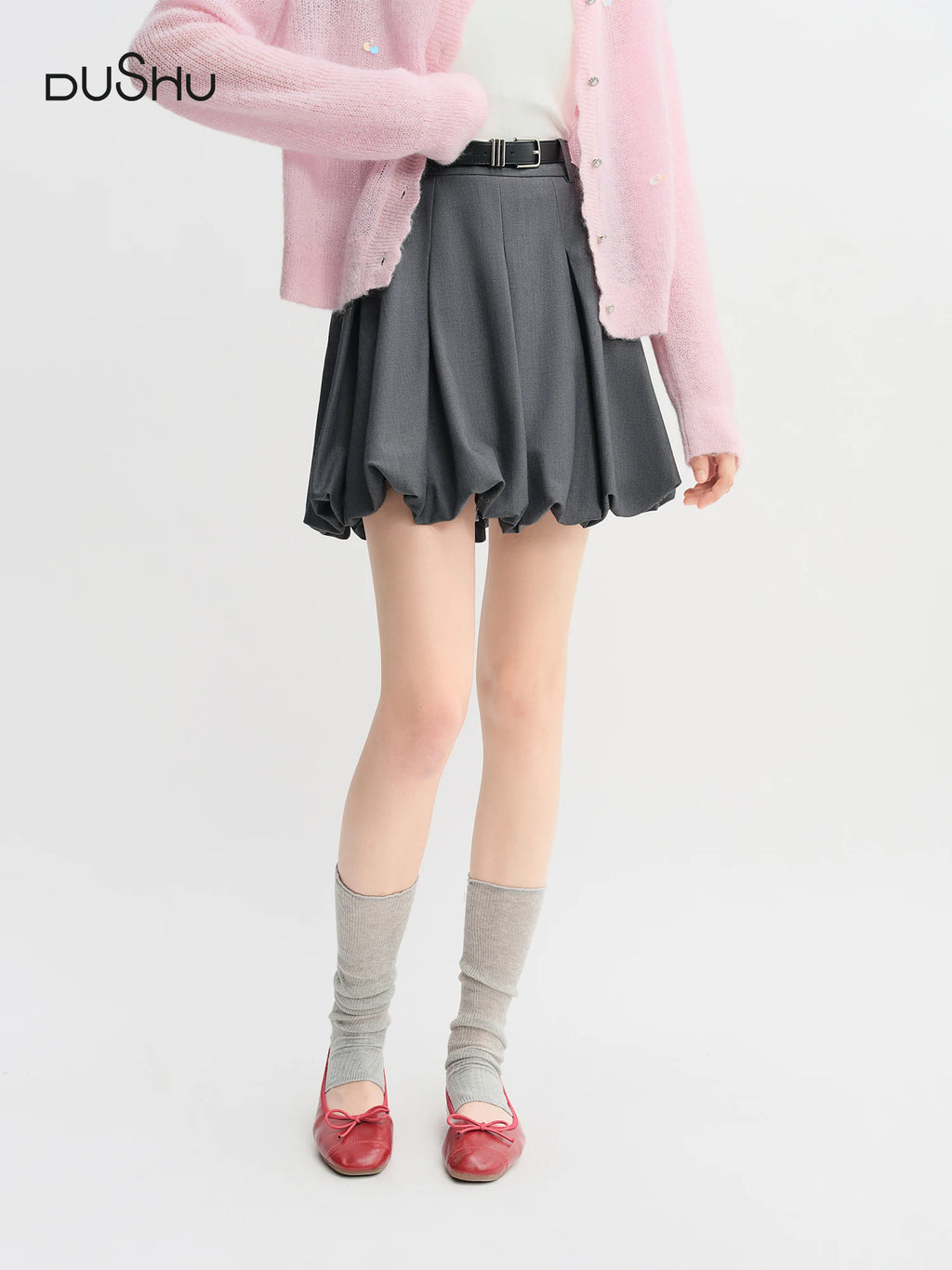 DUSHU Plus Size Ballet Style Bud Short Skirt for Women 2025 Autumn New Arrival Sweet A-line Chic Gray Skirt 25DS83079
