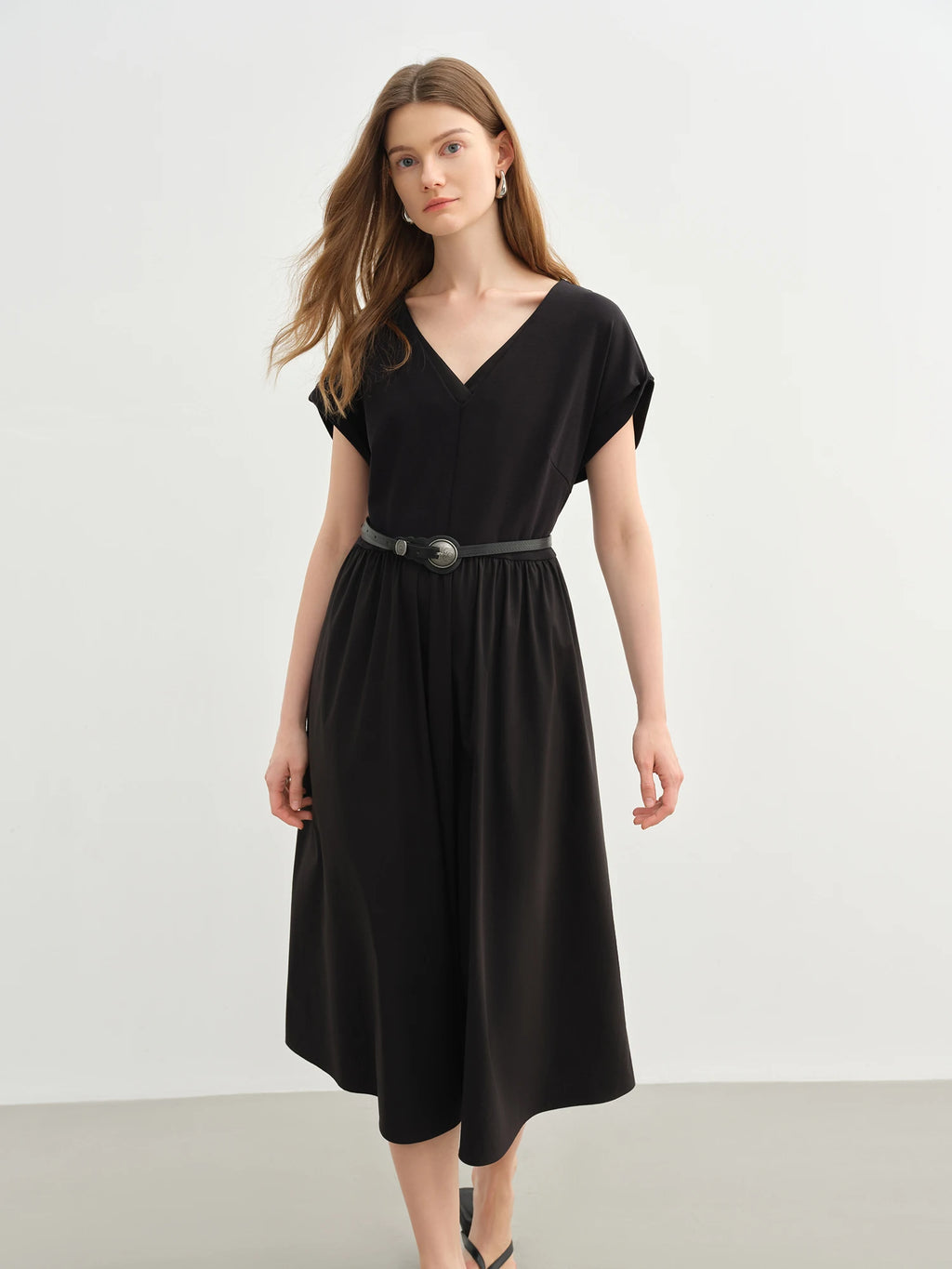 DUSHU Plus-size Women Elegant Double-layer V-neck Waist-defining Dress 2025 Summer New Arrival Fashionable Office Wear 25DS82642