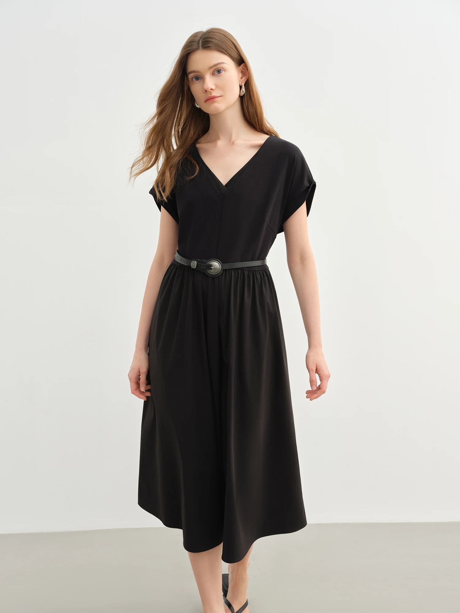 DUSHU Plus-size Women Elegant Double-layer V-neck Waist-defining Dress 2025 Summer New Arrival Fashionable Office Wear 25DS82642