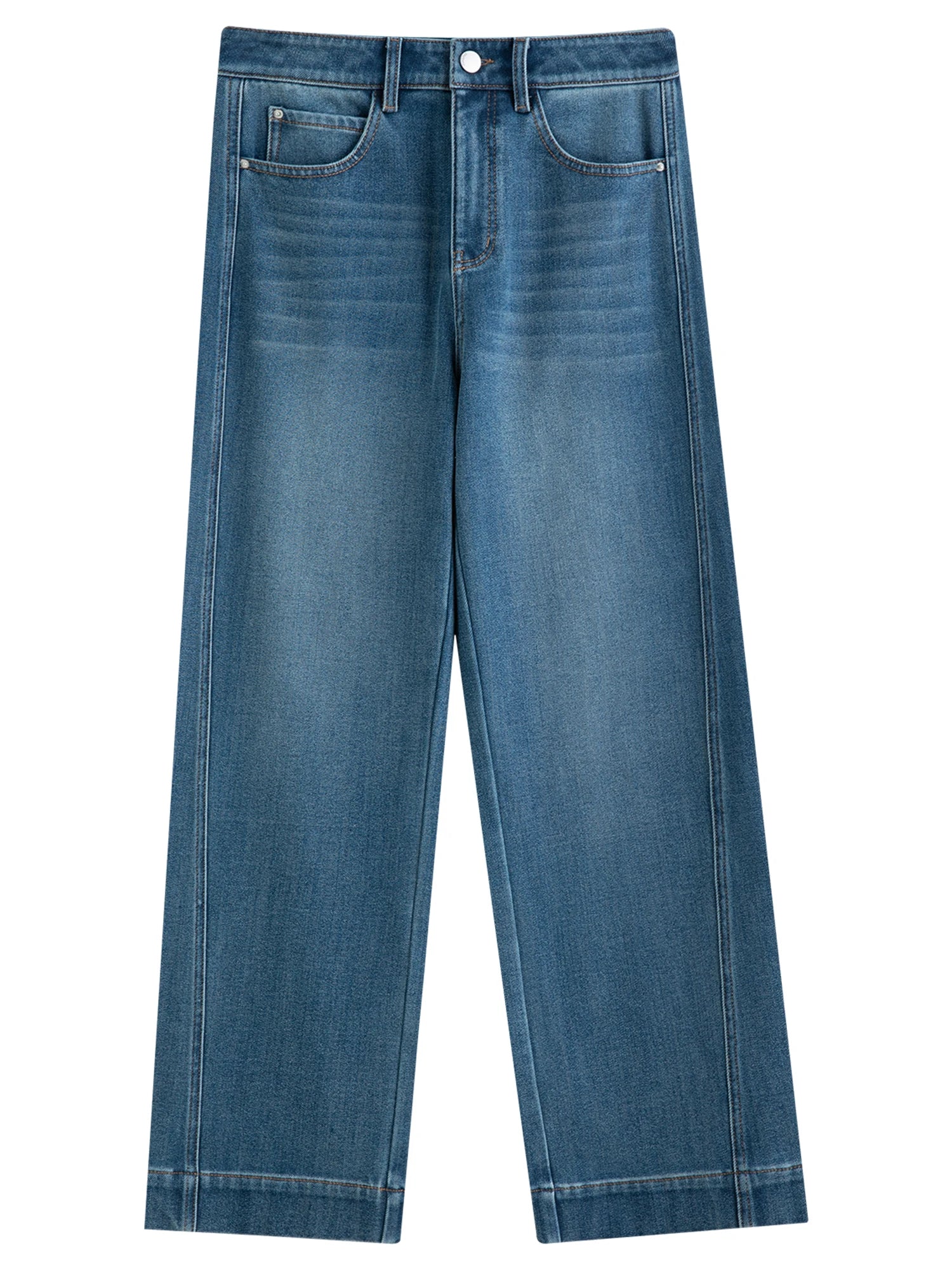 DUSHU 2025 Autumn Women's Brushed Fleece Straight Leg Cropped Jeans - Retro Relaxed Fit Casual Pants for Everyday Comfort
