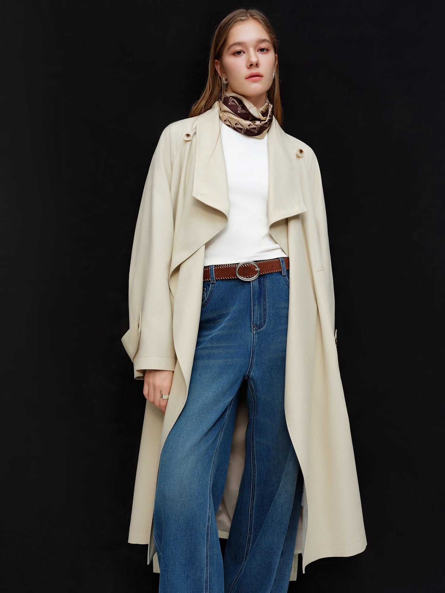 DUSHU Women's British Style Trench Coat 2026 Spring Lapel Slim Fit Mid-Length Outerwear Draped Temperament Solid Simple Ins BF