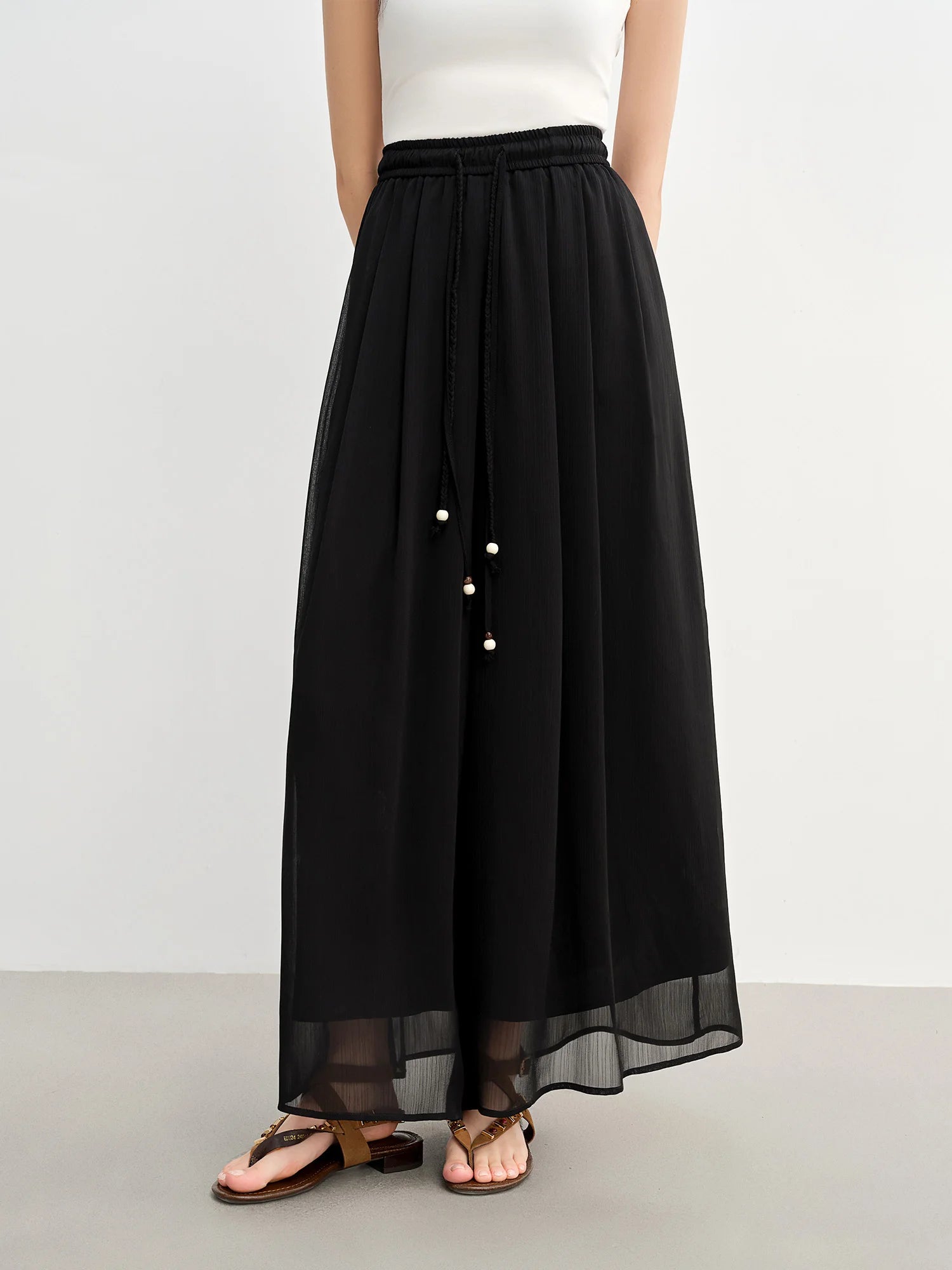 DUSHU Women's Black Pants Women's Summer Loose Wide-leg Pants 2025 New Style Skirt Pants Elastic Waist Slim Trousers 25DS82968