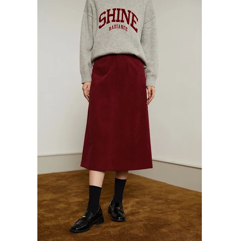 DUSHU Corduroy Retro High Waist Skirt Women Autumn Winter Back Slit Commuter Casual Solid Color Length-option Female Skirts