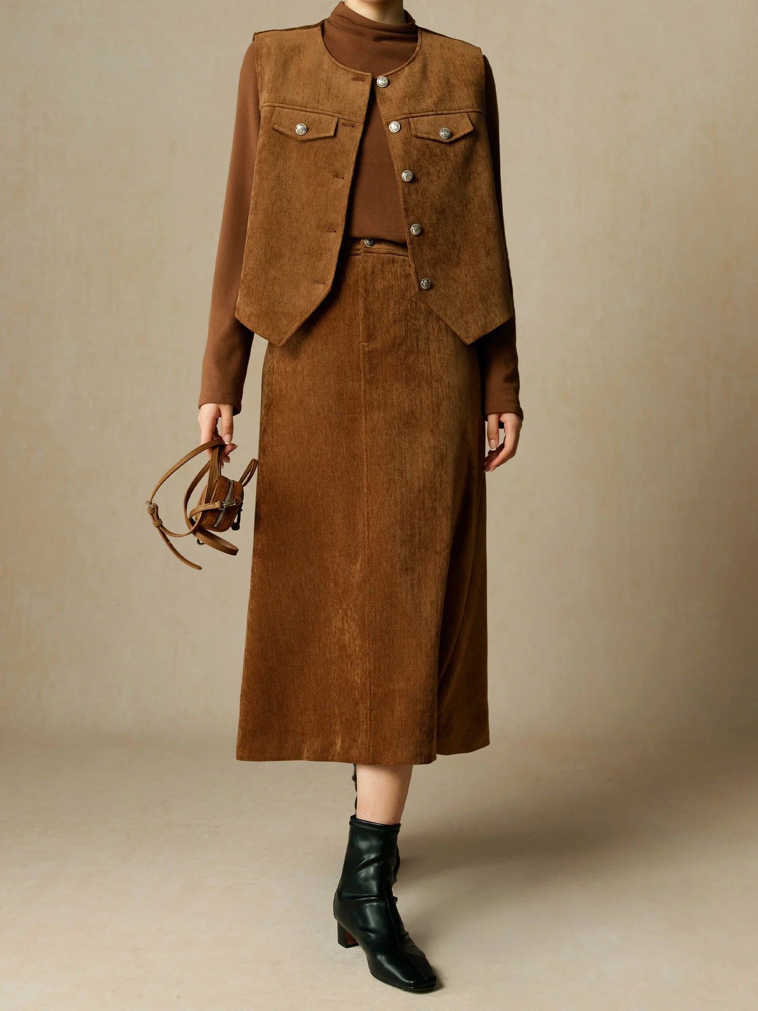 DUSHU Women Vest Sets Brown Short Vest Coats Back Elastic Waist Long A-LINE Skirt Pullover Tops 24DS84604+24DS84605+24DS84606