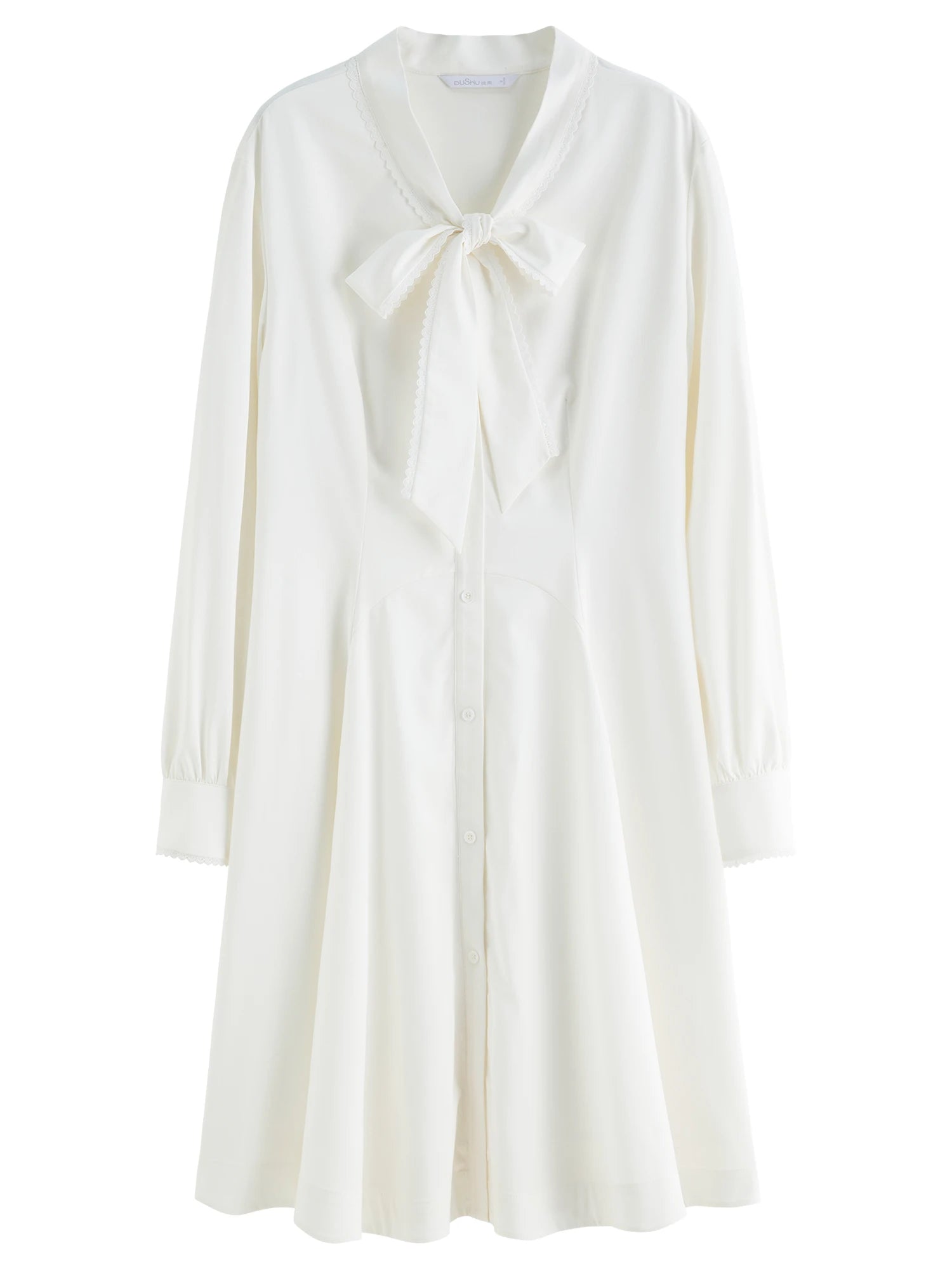 DUSHU Plus Size Women's Bow Affection Lace Draped Collar Blouse Dress 2025 Autumn Collection White Cocktail Dress 25DS83239