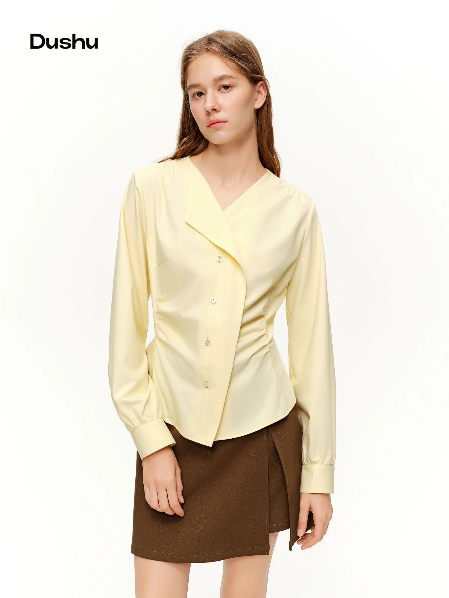DUSHU 2026 Spring Women's V Neck Asymmetrical Blouse Unique Design Slim Fit Top for Effortless Office Style Lightweight Shirt