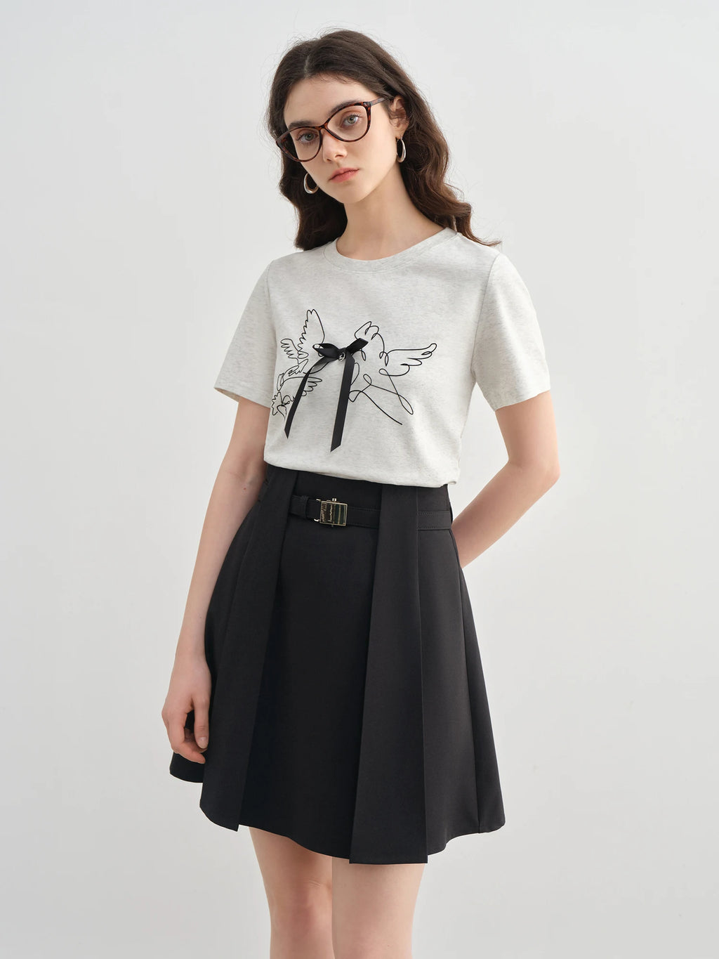 DUSHU Plus-Size Women's Abstract Bird Design 3D Bow Print T-Shirt - 2025 Summer New Arrival, Commuter Short Sleeve 25DS82270
