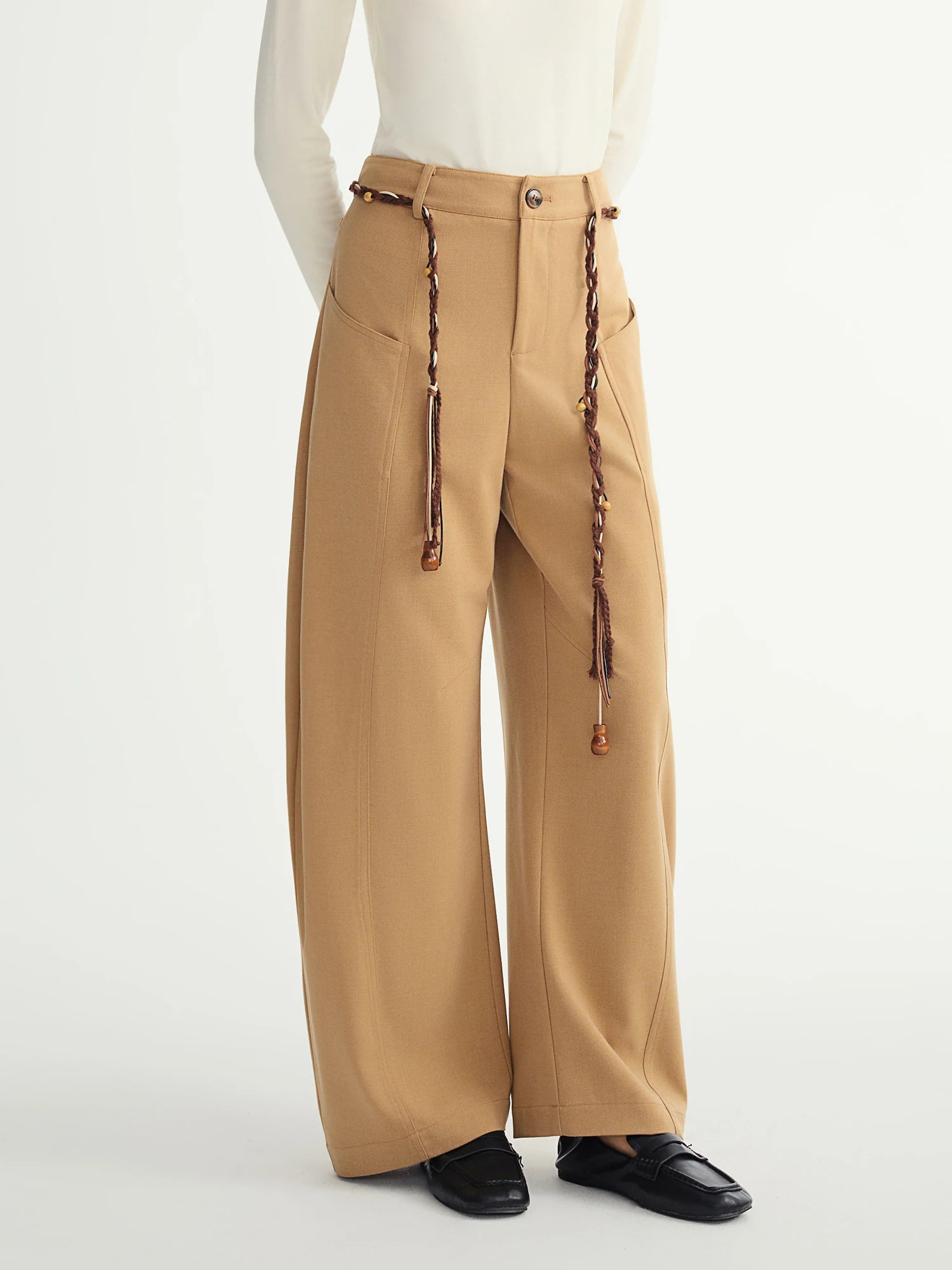 DUSHU Winter 2025 Women's Curved Hem Trousers - Office Casual Asymmetrical Wide Leg Pants with Elastic Waist Comfort Fit