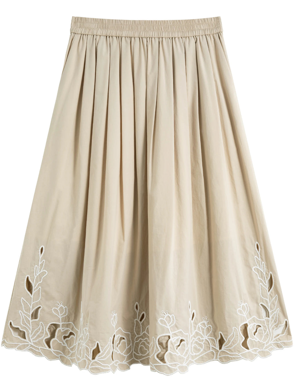 DUSHU Women Summer Khaki Long Skirts High Waist Elastic Waist Embroidered Hollow Design Female Cotton Skirt 25DS82121