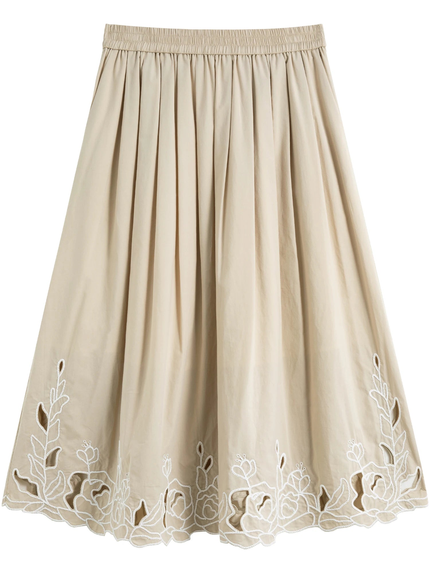 DUSHU Women Summer Khaki Long Skirts High Waist Elastic Waist Embroidered Hollow Design Female Cotton Skirt 25DS82121