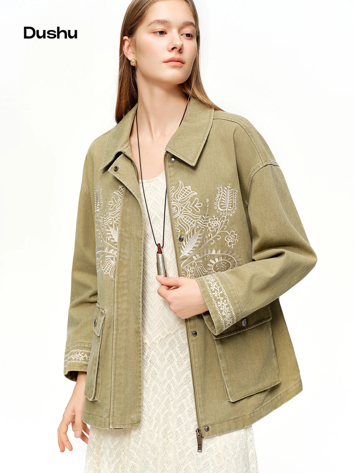 DUSHU Retro Embroidered Denim 2026 Spring New Arrival Fashionable Casual Short Jacket Personality Streetwear Commuting Coats