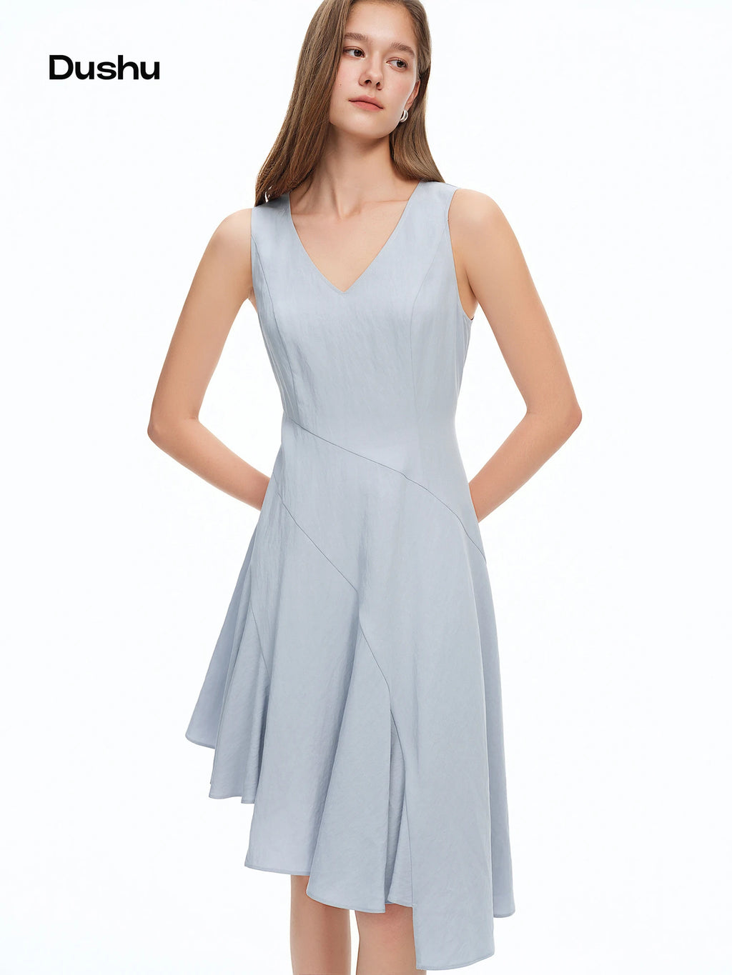 DUSHU Women's Asymmetrical Wave Hem Backless Crop Top Dress Bias Cut Waist-tightening Summer 2026 New Arrival Lyocell Dresses