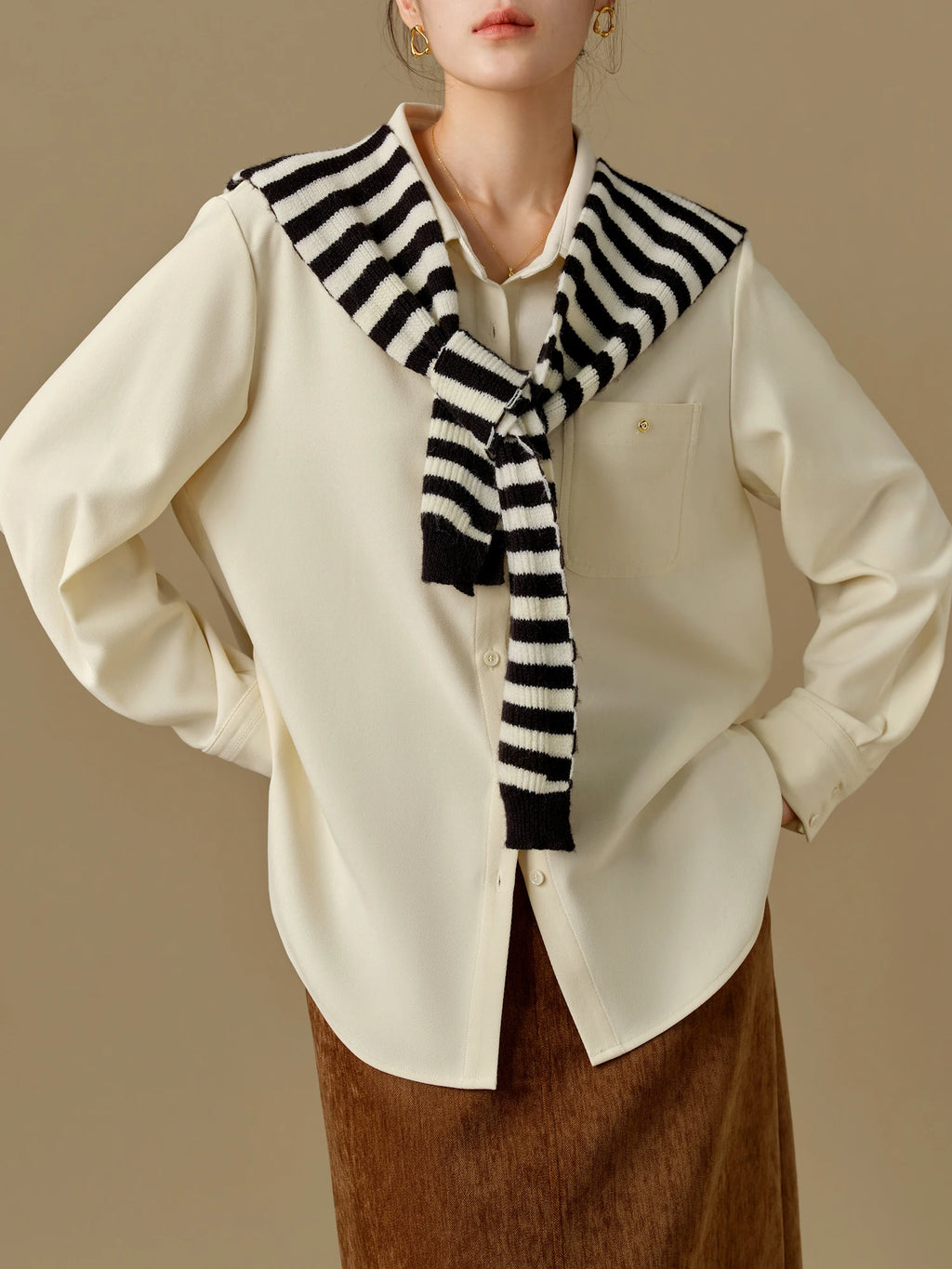 DUSHU【3 Colors】Women Winter Thicken Blouses Polo Neck Front Shoulder Long Sleeve Shirt Tops Flannel Simple Shirt Coat 24DS84451