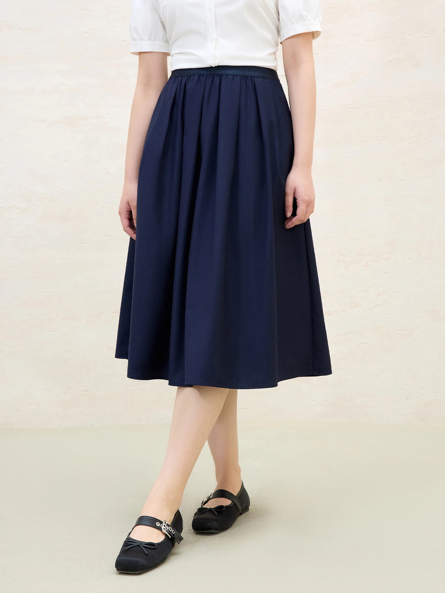 DUSHU Plus Size Versatile Navy Blue College Style 2025 Summer New High Waist Casual Umbrella Hem Mid-length Skirt 25DS82039