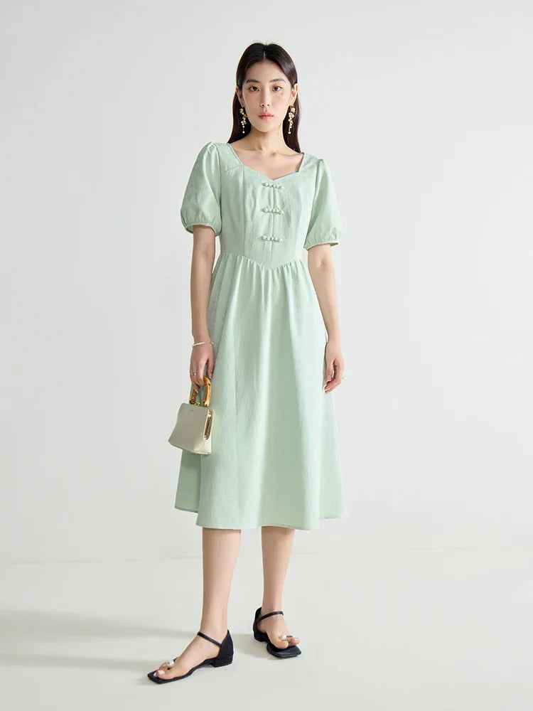 DUSHU Jacquard New Chinese Style Dress For Summer New Elegant Button Up Chinese Style High Waisted Women Dress 24DS82668