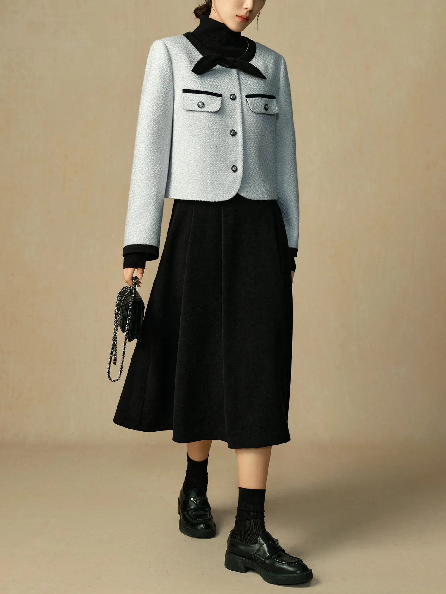 DUSHU Women Blue Tweed Jacket Gentle Style Short Round Neck Coat Back Elastic Waist Black Thick Winter Skirt 24DS84493+24DS84566