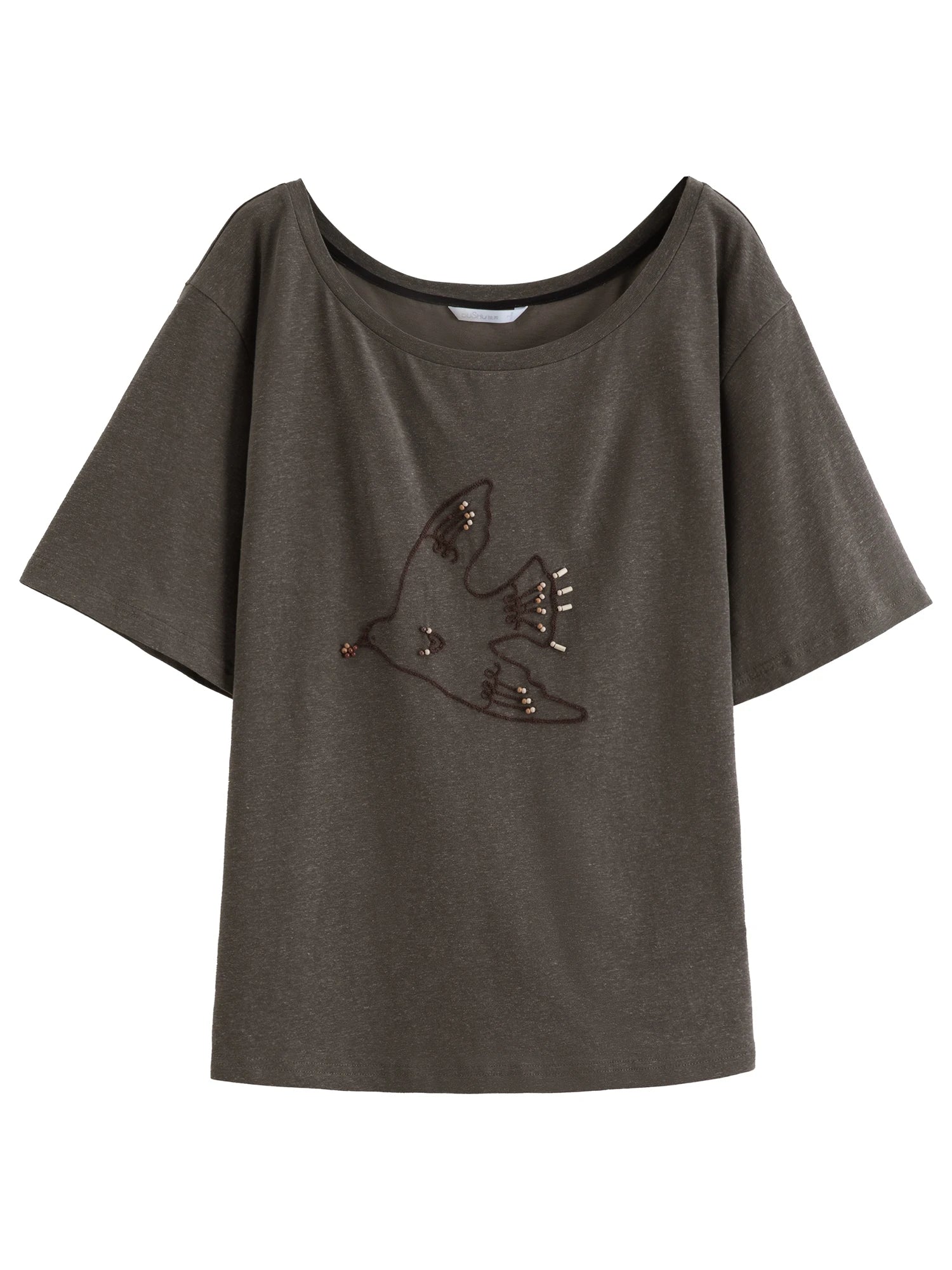 DUSHU Layering for Women Fashion Chain-Embroidered Pearl-Adorned Tank Top Linen-Blend Short Sleeve Off-Shoulder Cotton T-Shirt