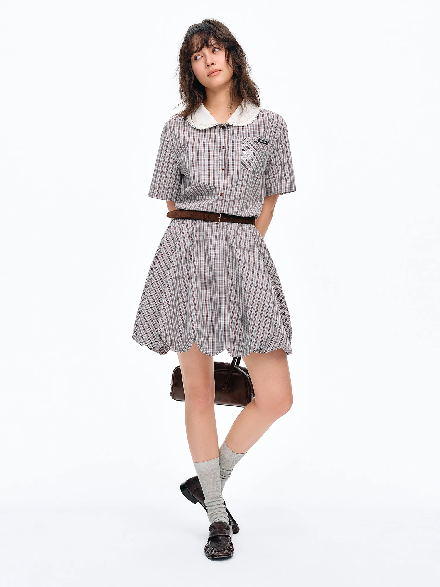 DUSHU Checkered Bold Color Contrast Preppy College Style Summer 2026 New Arrival Peter Pan Collar Cotton Contain Dress No Belt