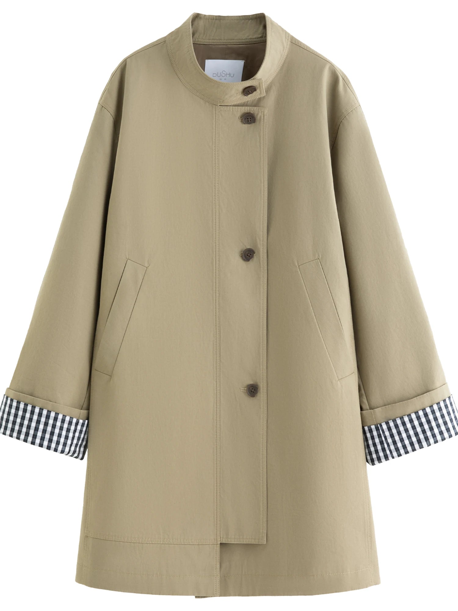 DUSHU Autumn 2025 Women's Stand Collar Trench Coat - Relaxed Fit Plaid Patchwork Loose Outerwear Casual Windbreaker Top
