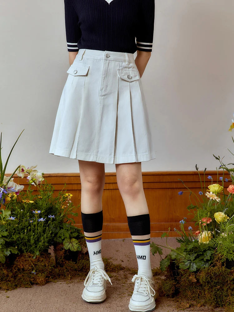 DUSHU Retro American Style Pleated Split High Waist Denim Skirt for Women Summer New Design A-Line Umbrella Skirt Female
