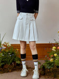 DUSHU Retro American Style Pleated Split High Waist Denim Skirt for Women Summer New Design A-Line Umbrella Skirt Female