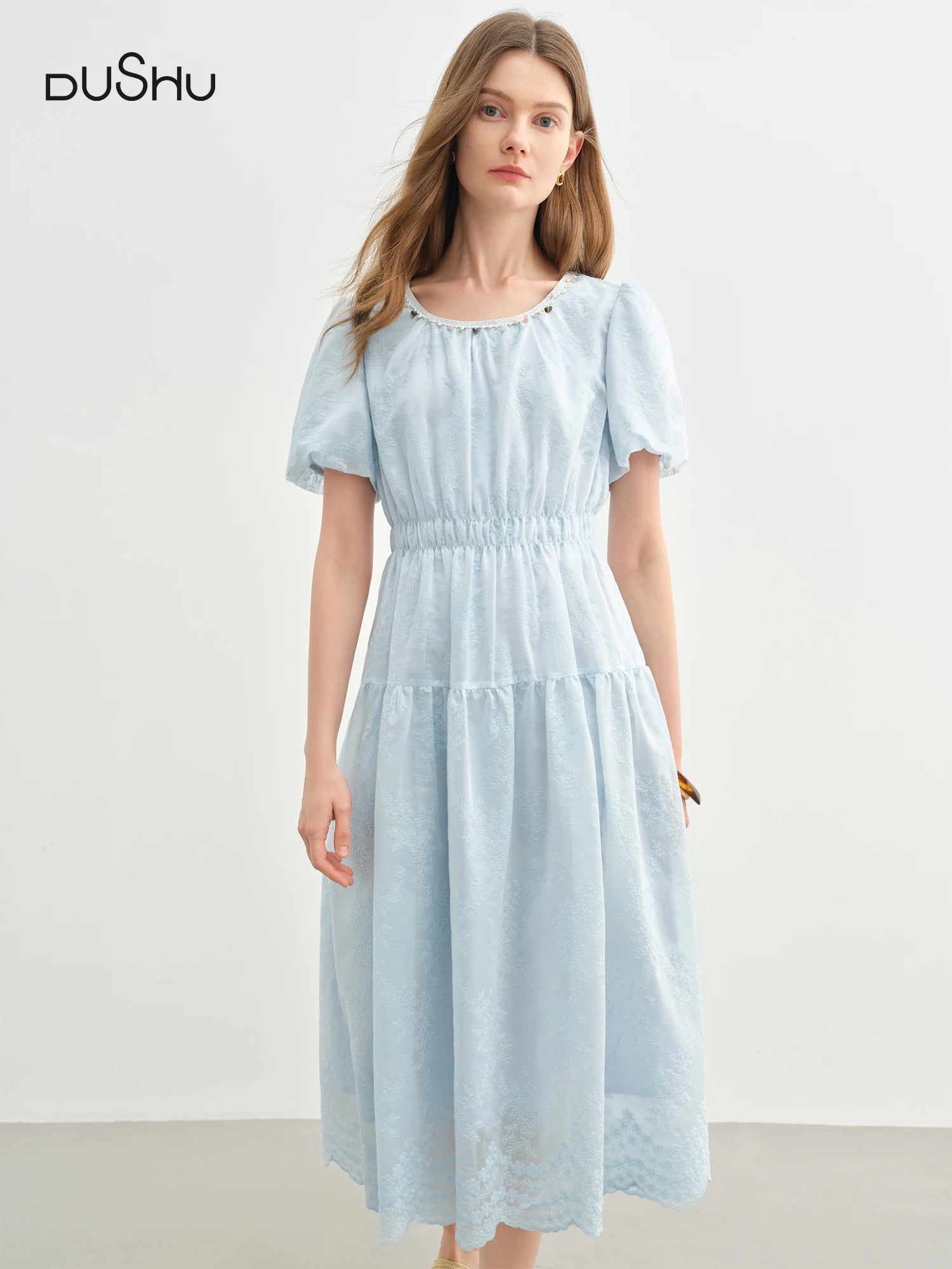 DUSHU Holiday Season Women Embroidered Long Dress 2025 Summer New Arrival Lantern Puff Sleeve High Waist Slim Dress 25DS82746