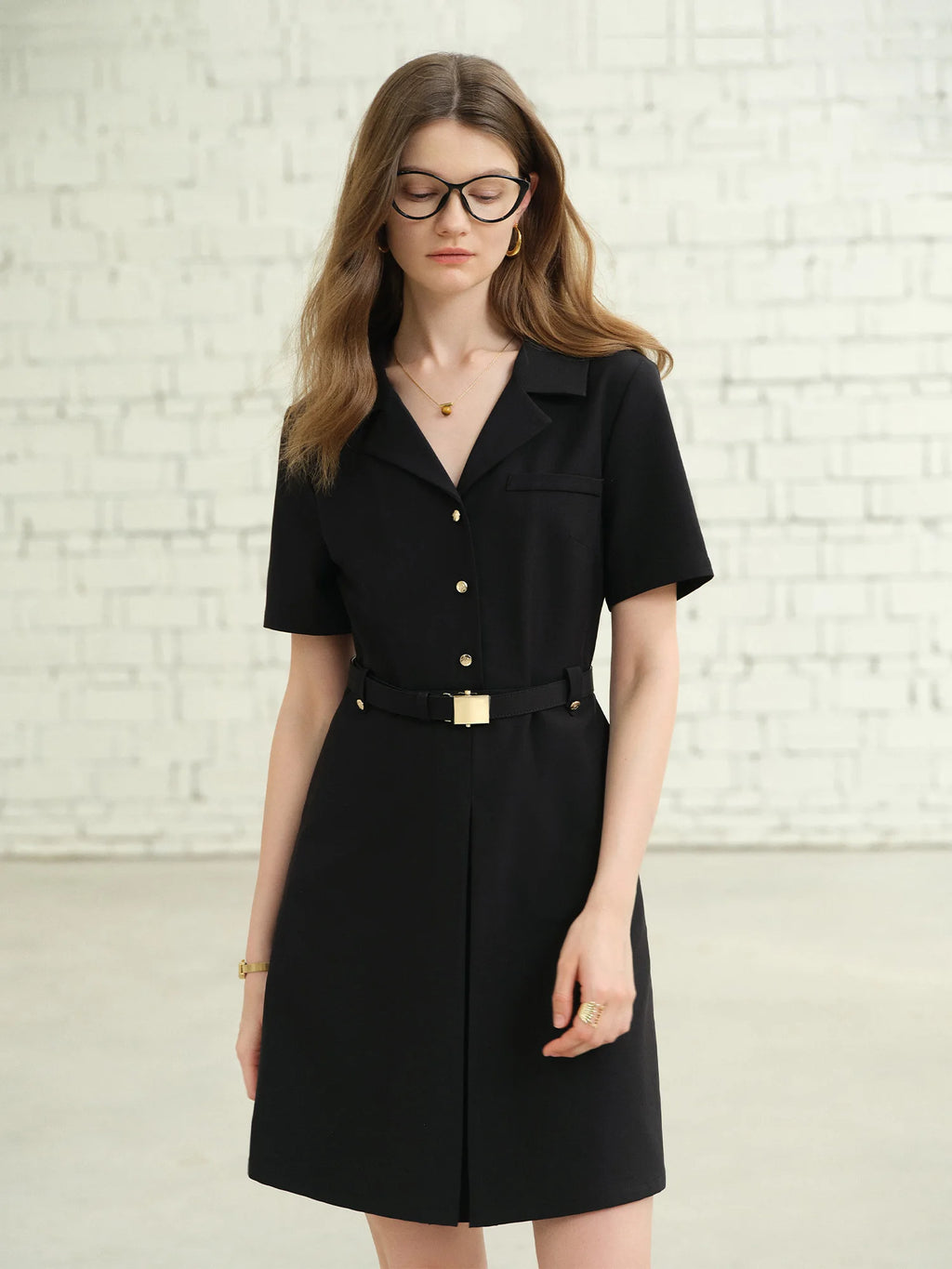 DUSHU Plus-Size Women's Hepburn-Inspired Mid-Length Smart Urban Suit Dress - 2025 Summer New Collection Black Dress 25DS82163