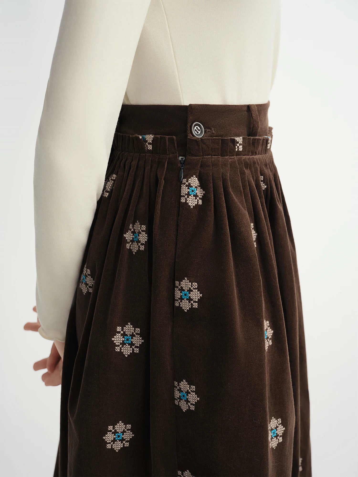 DUSHU Black Skirt Embroidered Retro Stretch Corduroy A-line Skirts Mid-calf Length Pleated Commuting Gothic Retro Elegant Ladies