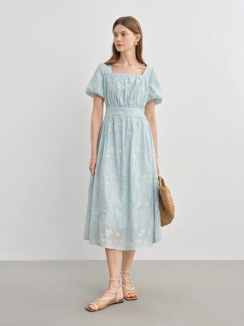 FSLE Summer 2025 Women's Square Neck Dress - Floral Embroidered Tea Length Relaxed Fit Maxi with Flutter Sleeves