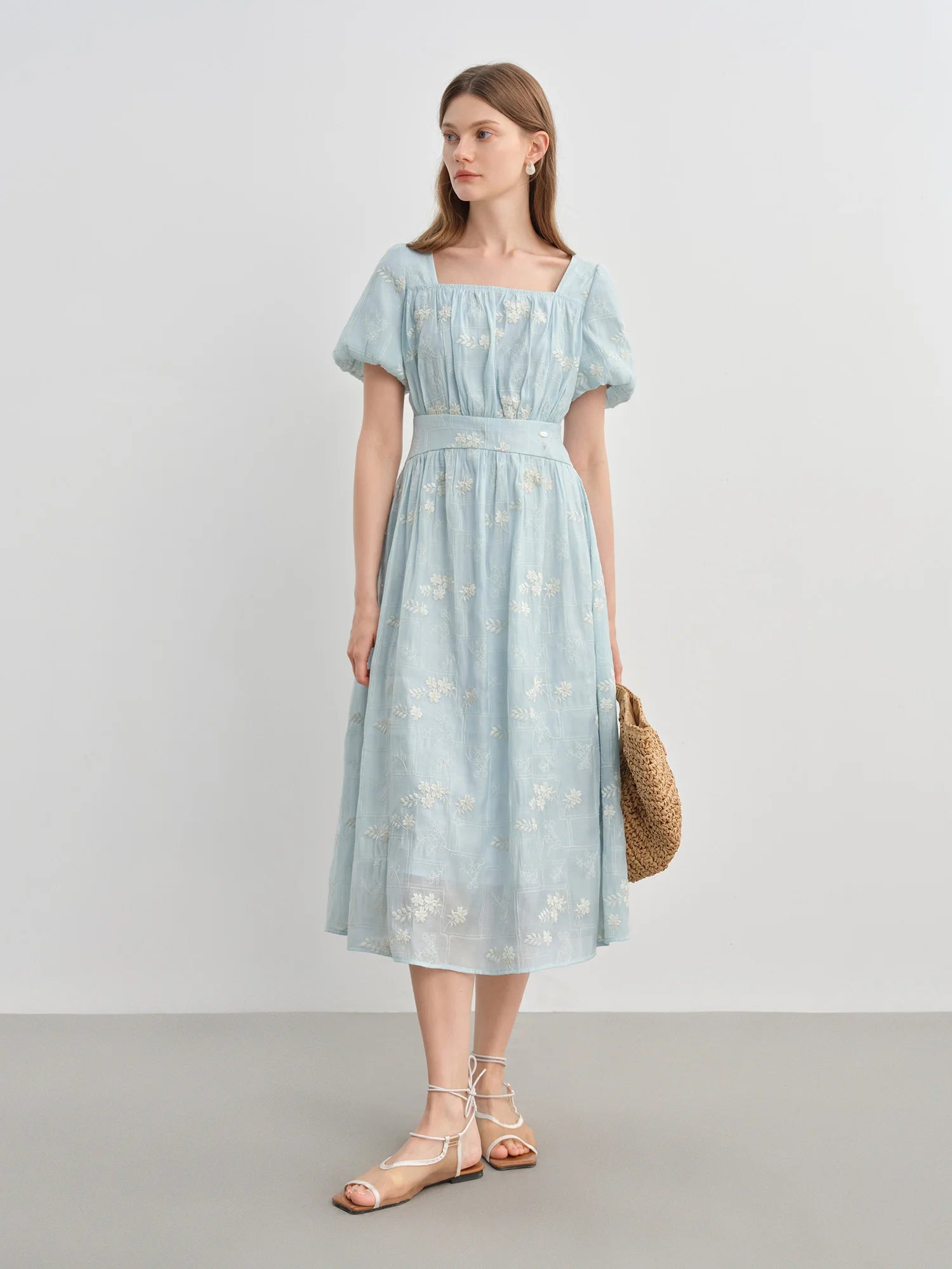 FSLE Summer 2025 Women's Square Neck Dress - Floral Embroidered Tea Length Relaxed Fit Maxi with Flutter Sleeves
