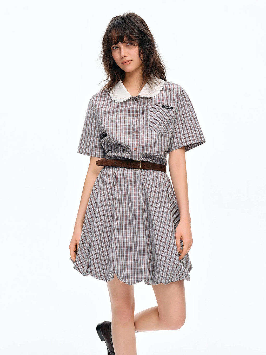 DUSHU Checkered Bold Color Contrast Preppy College Style Summer 2026 New Arrival Peter Pan Collar Cotton Contain Dress No Belt