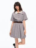 DUSHU Checkered Bold Color Contrast Preppy College Style Summer 2026 New Arrival Peter Pan Collar Cotton Contain Dress No Belt