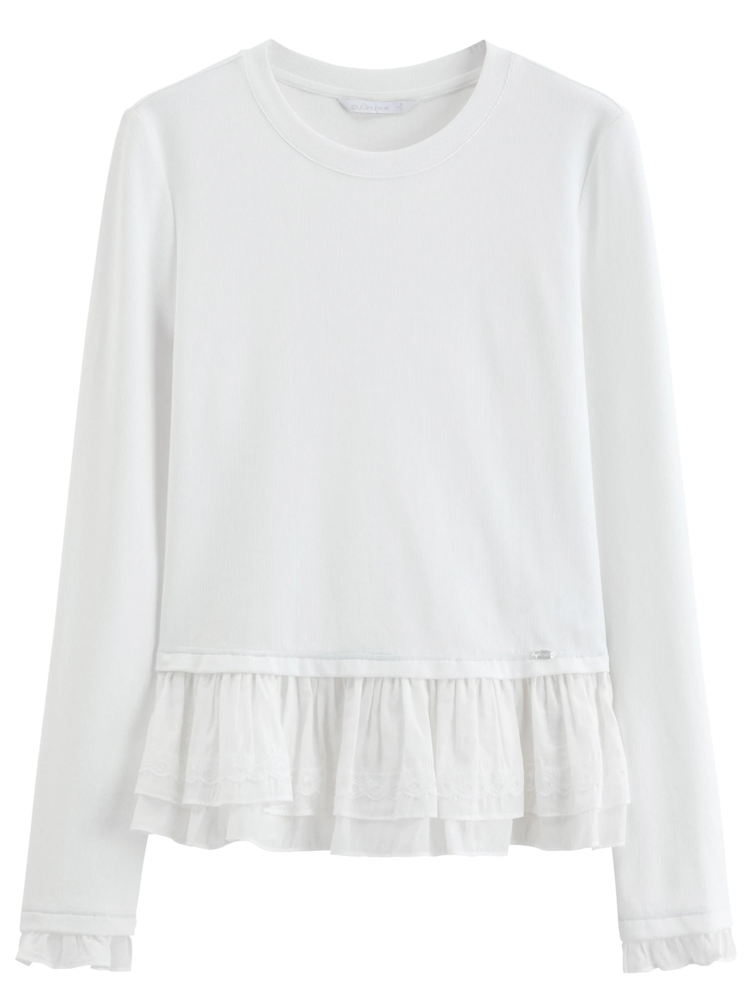 DUSHU Spring Women's Round Neck Ruffle Trim Knitted T-Shirt - Flattering Ribbed Texture Base Layer for Casual and Layering Wear