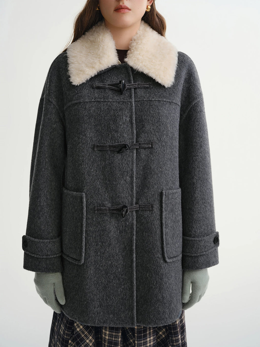 DUSHU 2025 Winter Women's Detachable Faux Fur Collar Toggle Button Wool Blend Coat - New Arrival Casual Elegant Outerwear