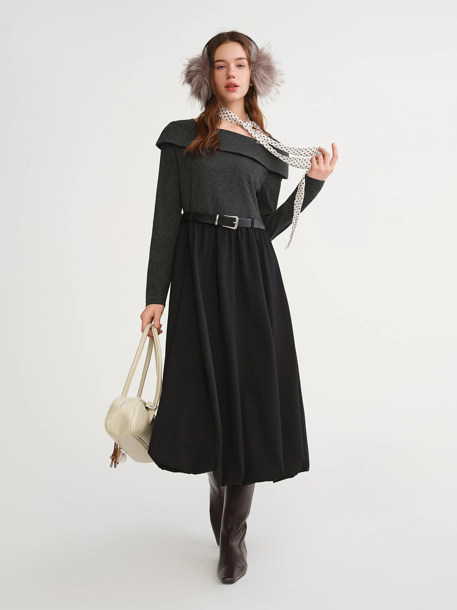 DUSHU Women's Plus Size Autumn And Winter Contrast Color Fake Two-piece Dress 2025 Winter Wear Large Swing Mid-length Dress
