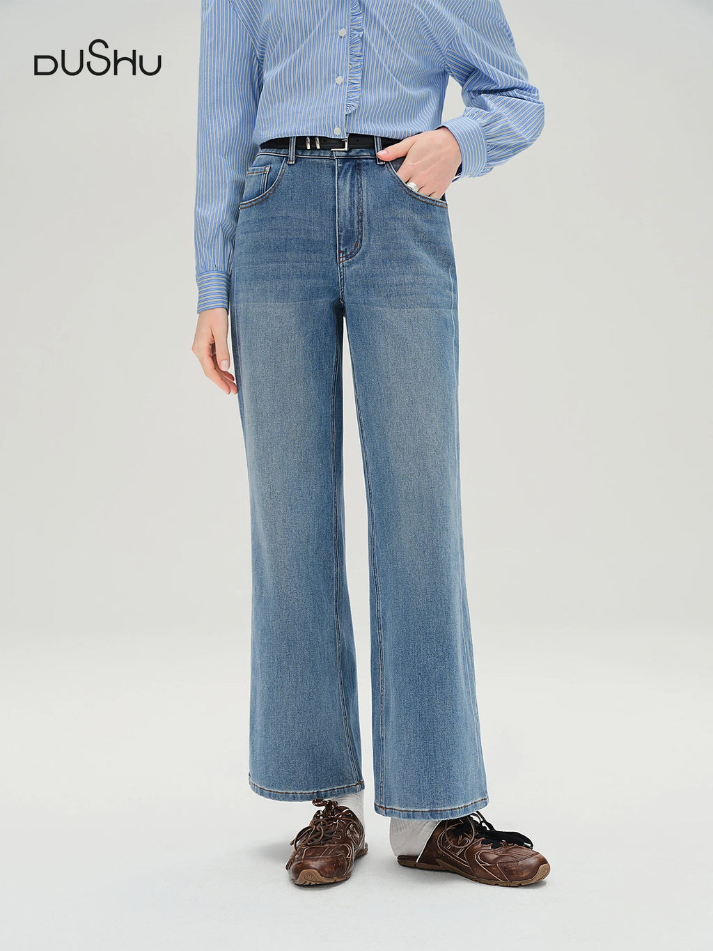 DUSHU Plus-Size Perfectly Stretchy Jeans Slimming Straight Leg with Flared Cone Shape Fall 2025 Fashionable 25DS83172+25DS83196